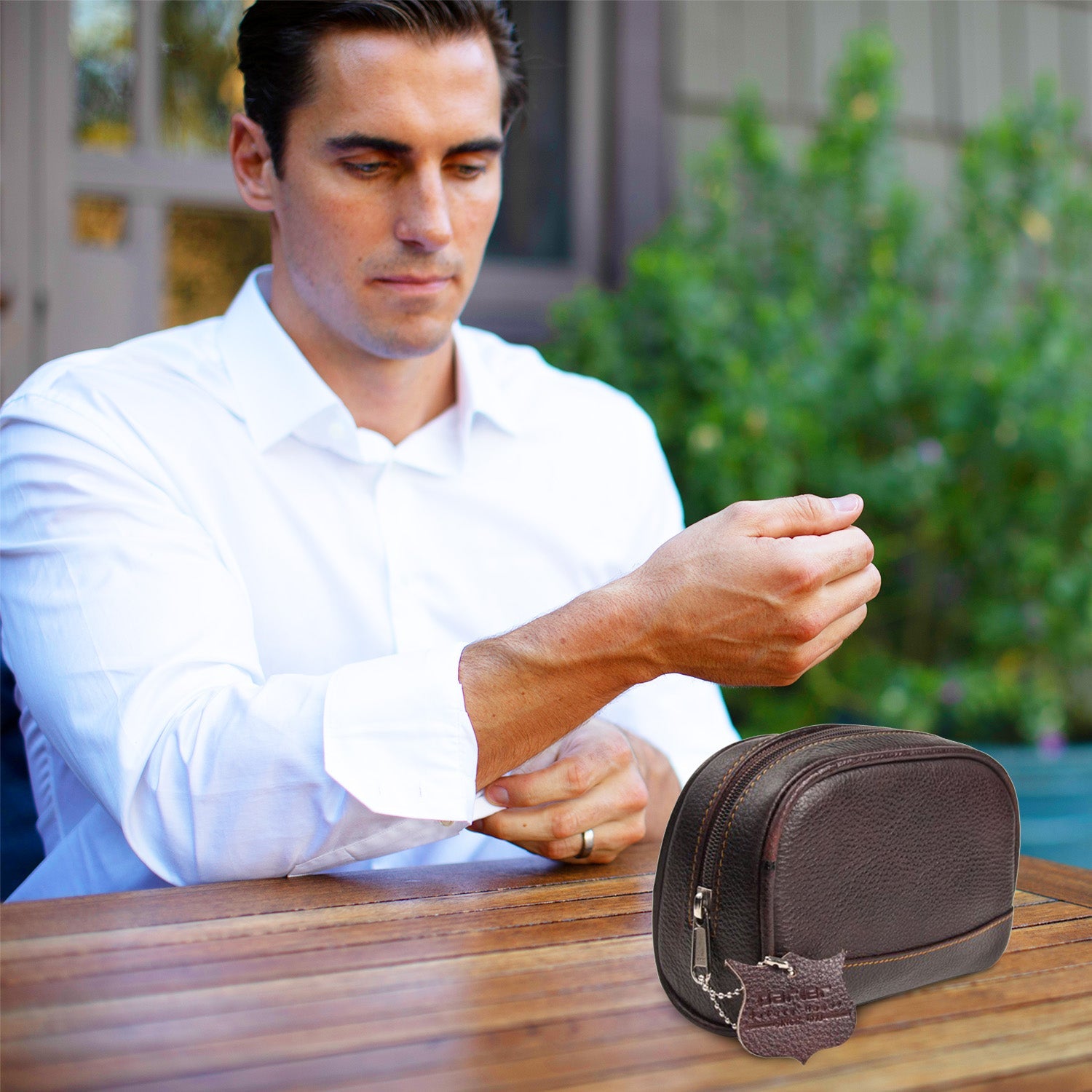 Parker Dark Brown Water Buffalo Leather Toiletry Bag Small