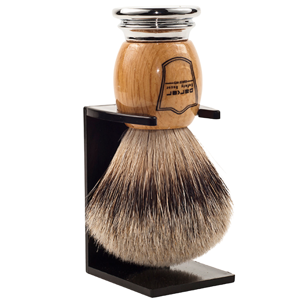 Parker Olive Wood Silvertip Badger Shaving Brush &amp; Acrylic Shaving Brush Stand
