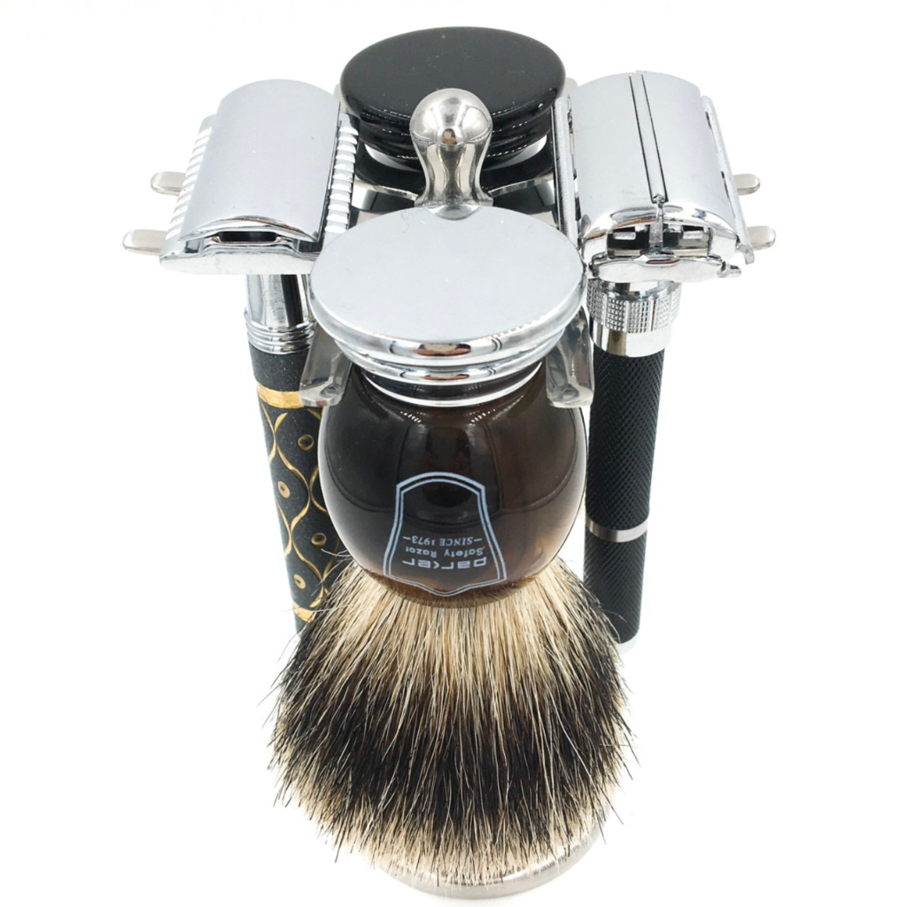 Super Safety Razors Stainless Steel 4-Prong Safety Razor and Shaving Brush Stand