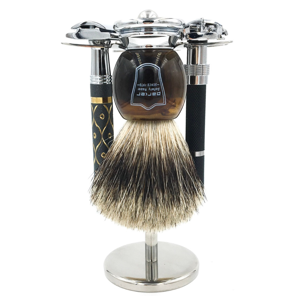 Super Safety Razors Stainless Steel 4-Prong Safety Razor and Shaving Brush Stand