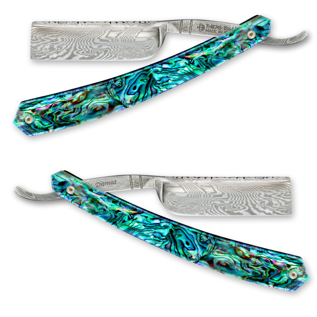 Thiers Issard Damascus Steel Straight Razor 6/8" Abalone Square Point