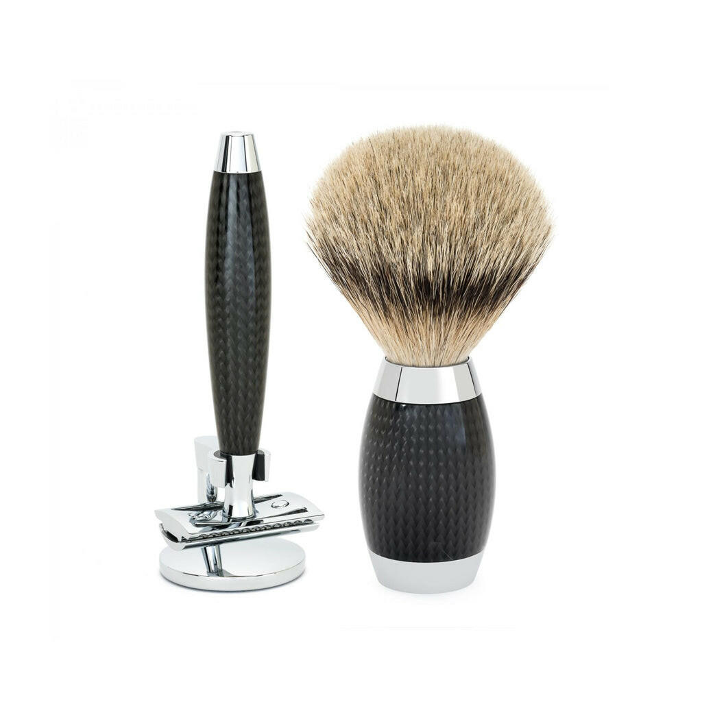 Muhle Carbon 3-Piece Silvertip Badger Shaving Brush &amp; Safety Razor Set