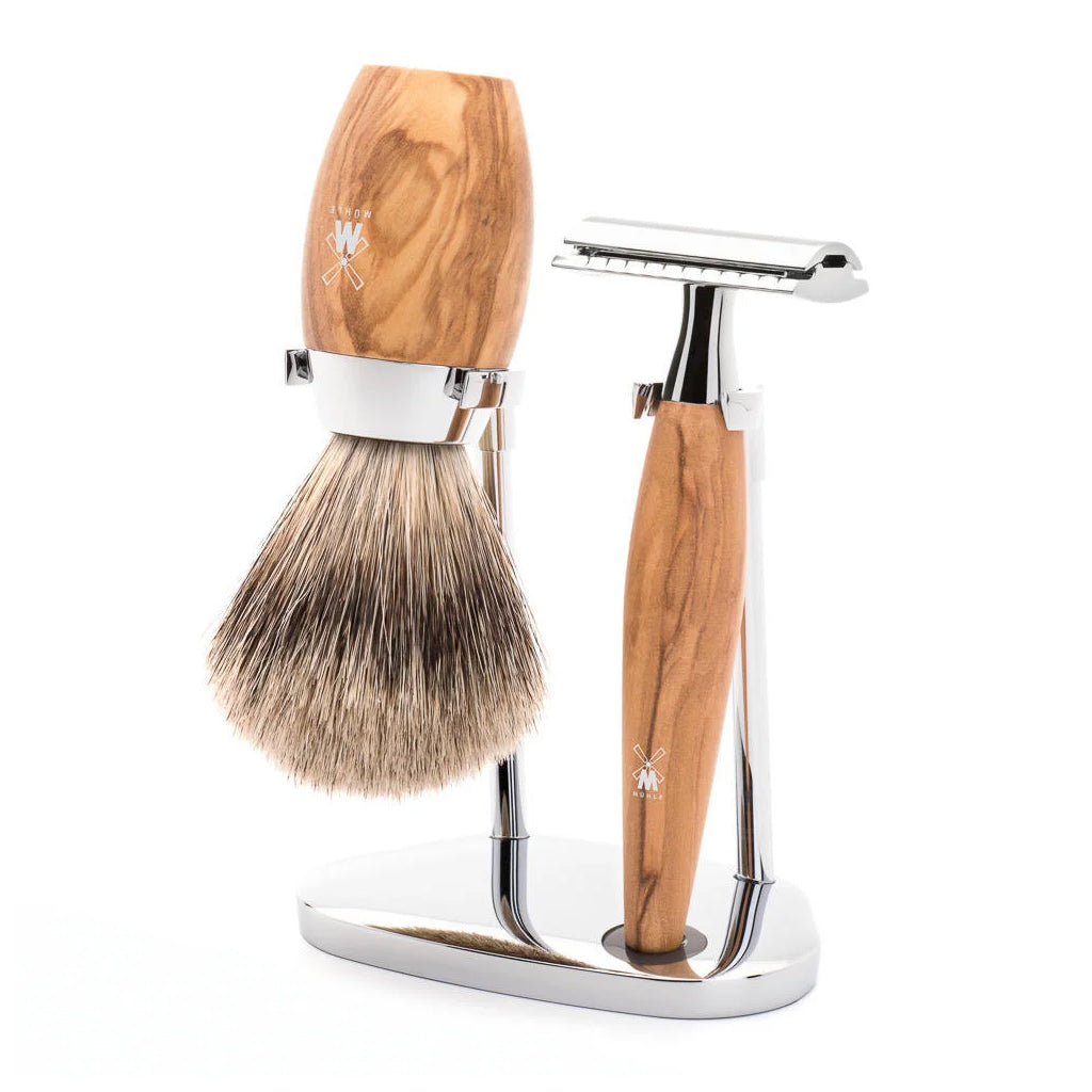 Muhle Kosmo Olivewood Fine Silver Tip Badger 3-Piece Safety Razor Set.