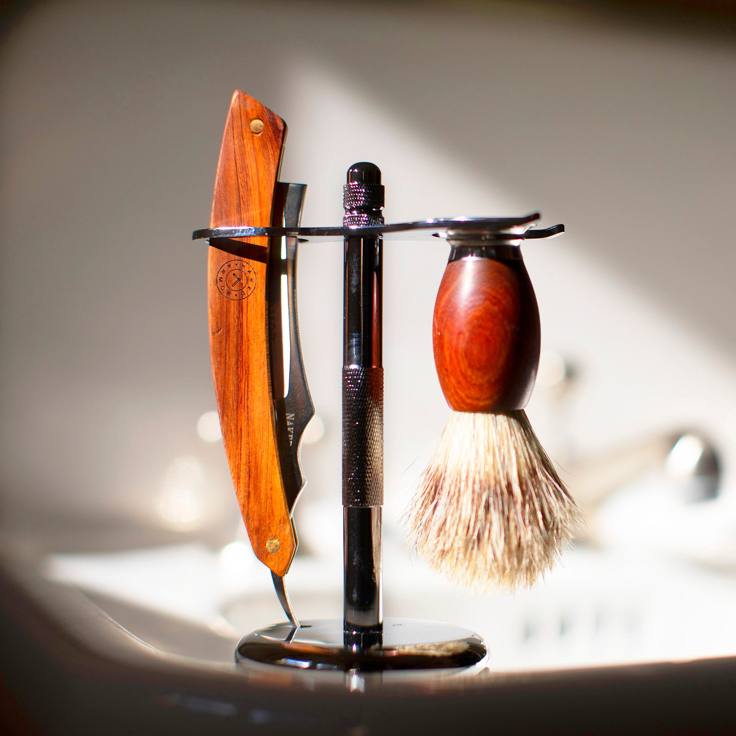 Naked Armor Zinc Alloy Stand for Straight Razor and Shaving Brush.