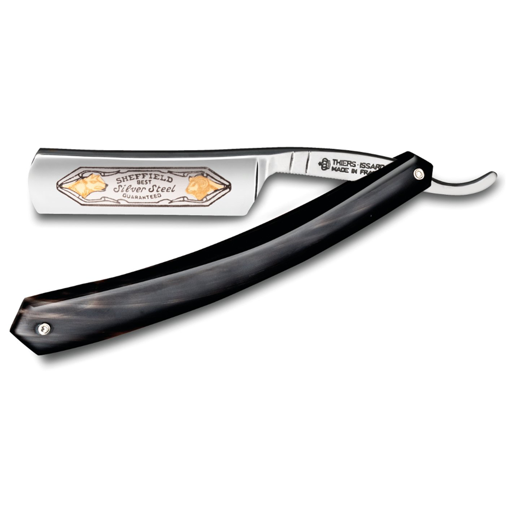 Thiers Issard Luxury Singing Black Cow Horn Round Point 6/8" Carbon Steel Straight Razor