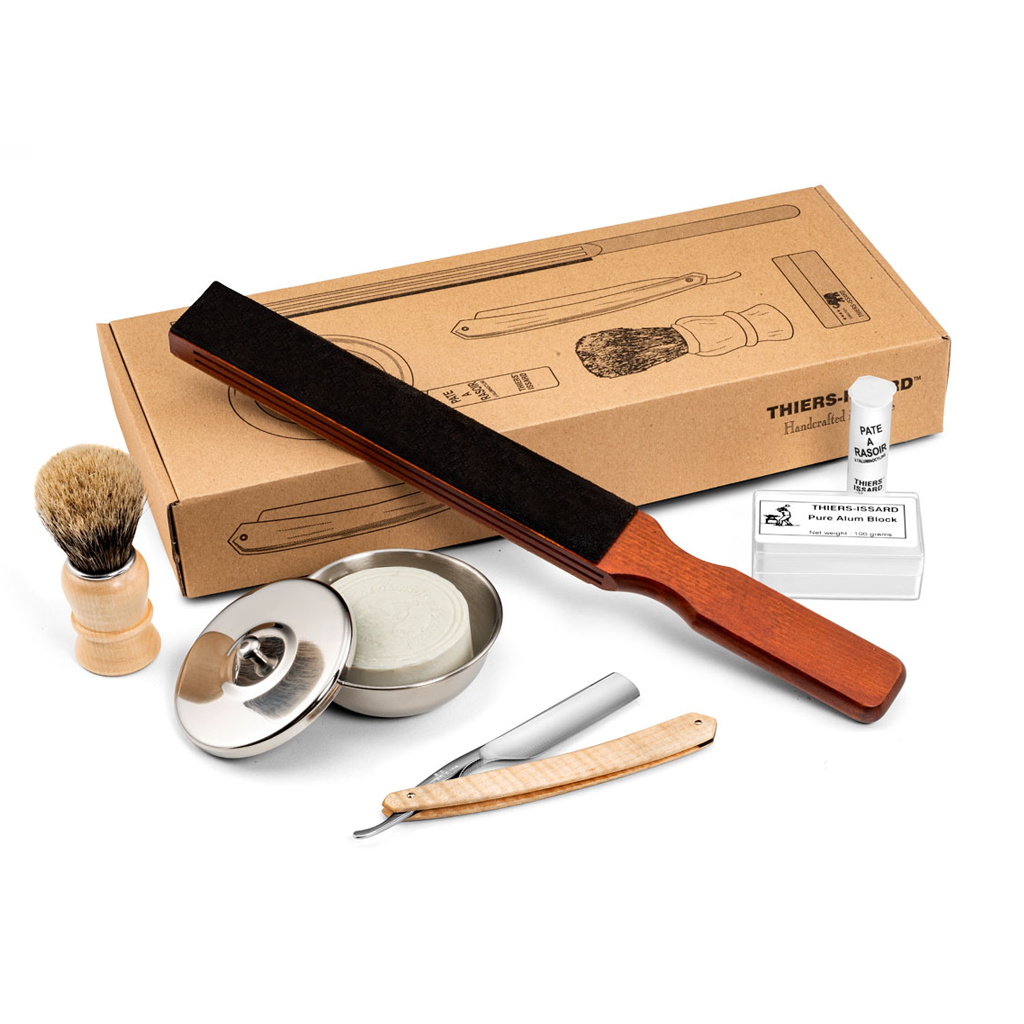 Thiers Issard 8 Piece Flamed Maple Straight Razor Kit.