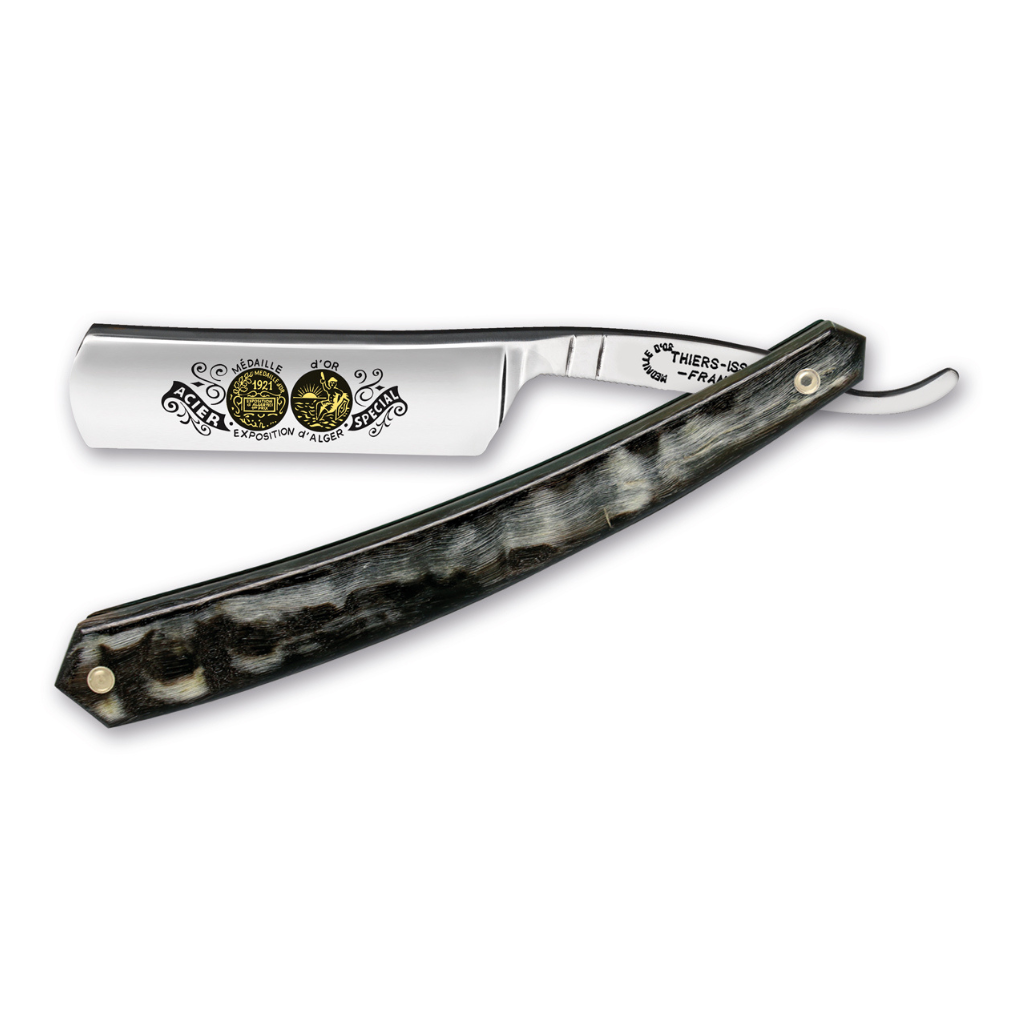 Thiers Issard &#39;Médaille d&#39;Or Exposition d&#39;Alger 1921&#39; Straight Razor 6/8&quot; Rams Horn Carbon Steel.