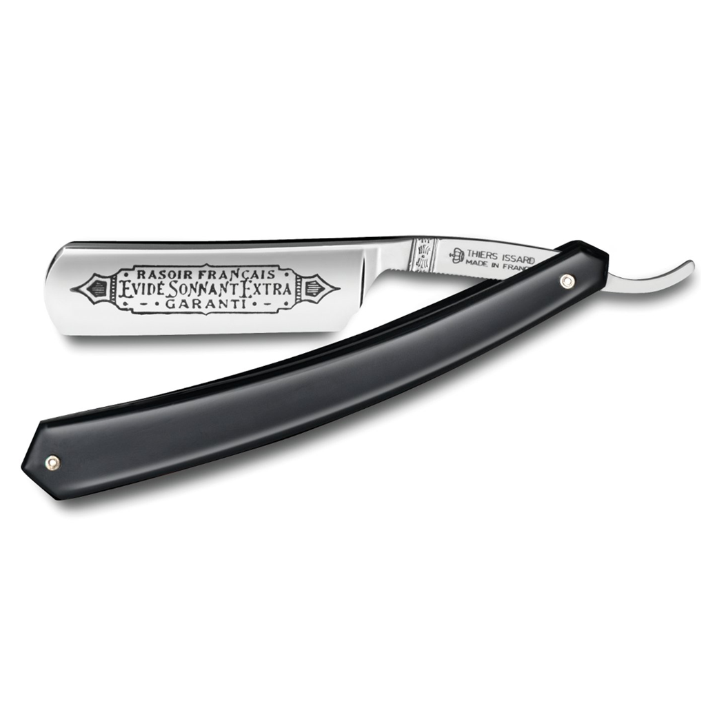 Thiers Issard &#39;Evide Sonnant Extra Garanti&#39; Straight Razor 5/8&quot; Black Resin Carbon Steel